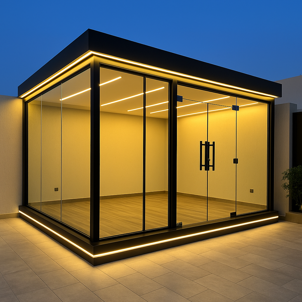 غرفة زجاجية مودرن تصميم مع اناره حديثة في السطح