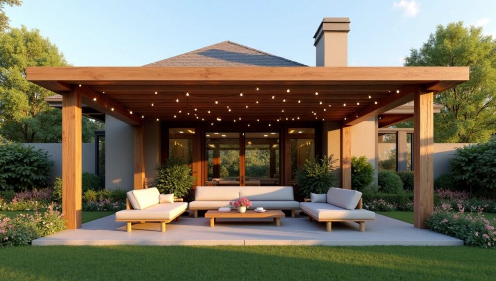 برجولات خشب عصرية مع جلسات وإضاءة للحدائق والسطوح